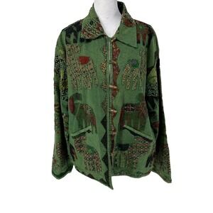 Tropical Elephants Boho womens wood toggle Jacket Patchwork Womens Green medium